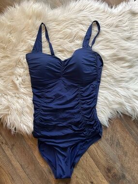 Skye One Piece Swimsuit Medium Navy Ruched Tummy Control Adjustable Straps